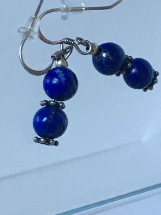 Vintage 925 Sterling Silver Bali Lapis Lazuli Bead Style Hook Dangle Earrings