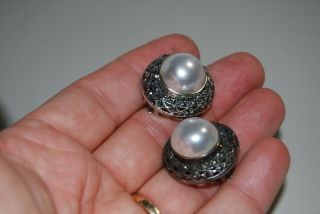 Vintage Large Faux Pearl Sterling Silver & Marcasite Clip - On Earrings