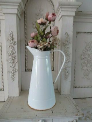 The Best Old Vintage White Enamel Pitcher Vase French Enamelware 14 " Tall