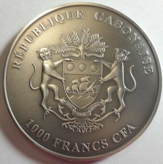 2013 GABON 1000 FRANCS LION ANTIQUE FINISH 1 Oz.  999 Silver Coin BU 2