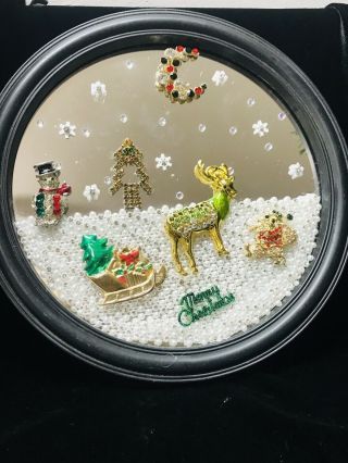 Christmas Scene On Mirror : Vintage Rhinestone Santa,  Tree Deer & More Laheir