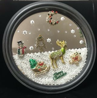 Christmas Scene On Mirror : Vintage Rhinestone Santa,  Tree Deer & More LaHeir 2
