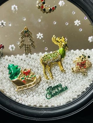 Christmas Scene On Mirror : Vintage Rhinestone Santa,  Tree Deer & More LaHeir 3
