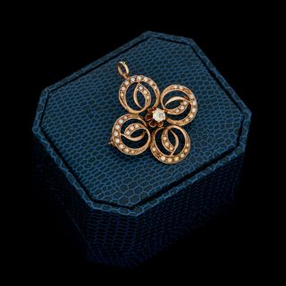 Antique Vintage Nouveau 14k Gold Seed Pearl & 0.  25 Ct Diamond Necklace Pendant