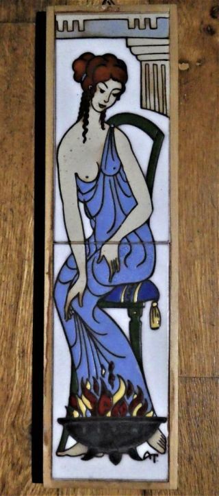 Neoclassical " Nude Woman Seated At Fire " Italian Ceramic Art Pottery Tile - Framed