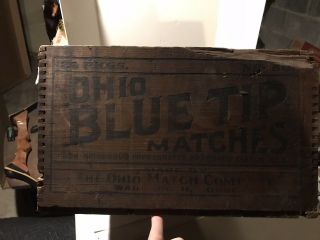 Antique Vtg Ohio Blue Tip Matches Wood Crate Wooden Box Company Rare Old