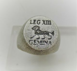 Very Rare Ancient Roman Military Silver Seal Ring Leg Xiii Gemina Lion