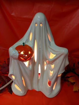 Vintage Halloween Ceramic Ghost Holding Pumpkin Jol Light Up Lamp With Cord