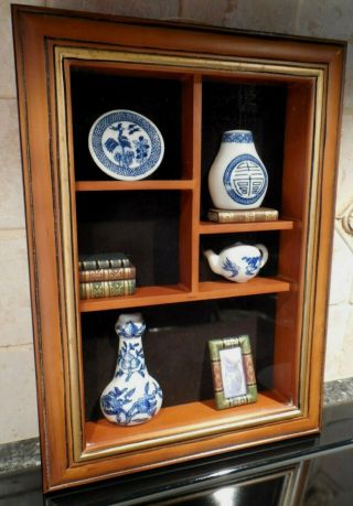 Vintage Shadow Box Oriental Asian Art W Blue & White Vase Dish Teapot Wood Frame
