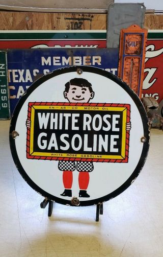 En - Ar - Co White Rose Gasoline Porcelain Sign Vintage Petroleum Gas Pump Plate
