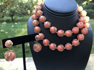 Vintage Trifari Crown Faux Coral Beads Necklace & Earrings C.  1950