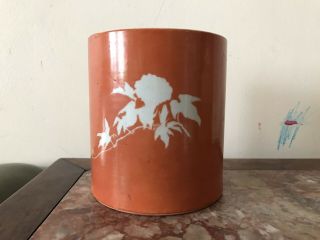 Rare Antique Chinese Porcelain Coral Red Glazed Brush Holder Pot