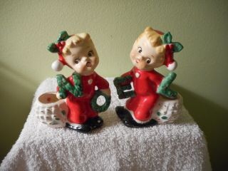 Vintage Commodore Japan Christmas Cherub Noel Candle Holders In The Box