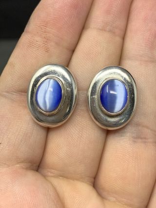 Vintage Taxco Mexico Sterling Silver Blue Cats Eye Cabuchon Earrings Tw - 76