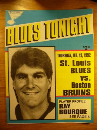Nhl St Louis Blues 02/13/92 Blues Tonight Game Day Vs Boston Bruins Program