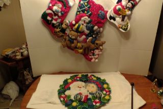 Vintage Finished Hand Made Sequin Christmas Stockings And Wall Hanging