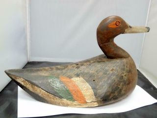 Old Hand Carved Wooden Decoy Duck Painted Figural W/ Hourglass Mark 33 Cms Long