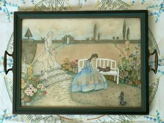 30s Vintage Embroidered Painted Crinoline Lady Puppy Garden Tray