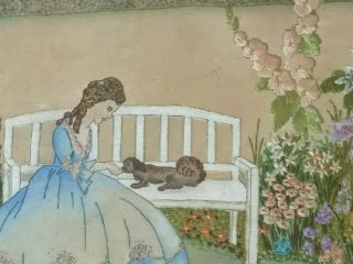 30s VINTAGE EMBROIDERED PAINTED CRINOLINE LADY PUPPY GARDEN tray 2