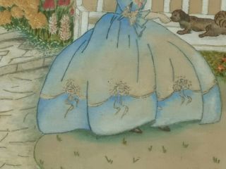 30s VINTAGE EMBROIDERED PAINTED CRINOLINE LADY PUPPY GARDEN tray 3