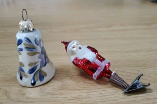 2 Vintage Mercury Glass Christmas Ornaments Clip On Santa And A Bell