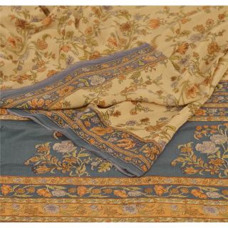 Sanskriti Vintage Cream Saree Pure Crepe Silk Printed Fabric 5yd Craft Soft Sari