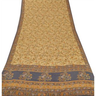 Sanskriti Vintage Cream Saree Pure Crepe Silk Printed Fabric 5Yd Craft Soft Sari 3
