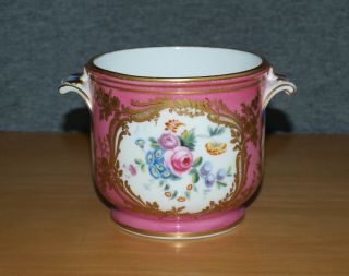 Antique Sevres Porcelain Cachet Pot,  Painted Flowers,  Wave Scroll Handles (2)
