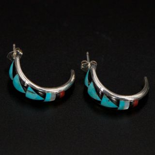 Vtg Sterling Silver Navajo Zuni Signed Turquoise Coral J Hoop Post Earrings 6.  5g