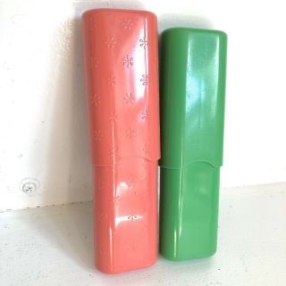 Vtg Tampax Tampon Holders Pair Pink Flowers Green Hard Plastic 5” Case (2) 2
