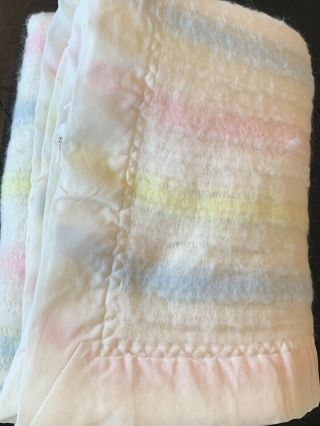 Vtg Pastel Striped Satin Trim Baby Blanket Lovey White Pink Blue Yellow Unisex