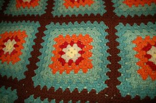 Hand Made Crochet Granny Square Afghan Throw Aqua Teal Brown Orange Red 58 X 44