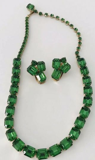 Vintage Signed Weiss Gold Tone Emerald Green Rhinestone Necklace & Earrings Set