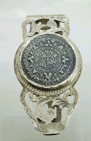 Vintage Mexico 925 Sterling Silver - Mayan Aztec Sun Calendar Signed Money Clip