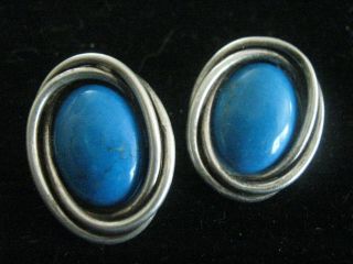 Huge Modernist Vintage Mexican Sterling 925 Turquoise? Onyx? Oval Earrings
