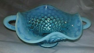 Vintage Fenton 6 " Aqua Blue Opalescent Hobnail 2 - Handled Candy Nut Dish Bowl