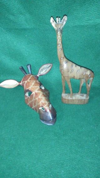 Vintage Hand Carved Wooden Giraffe Mask And Figure - Treen