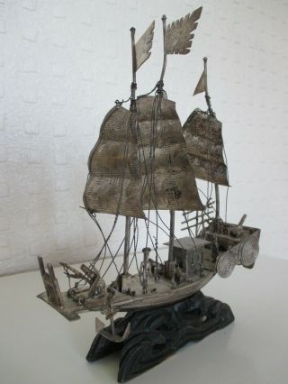 Fine Signed Antique Chinese Oriental Export Silver Junk Ship On Carved Stand