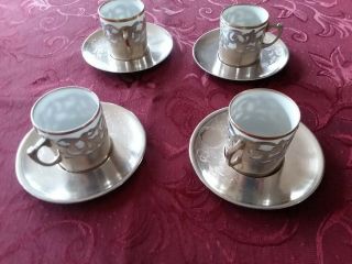 4 Antique Egyptian Sterling Silver Demitasse Cups And Saucers 9 Oz Silver