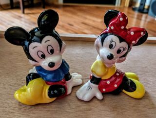 Vintage Set Disney Mickey Minnie Mouse Sitting Porcelain Ceramic 3.  5 " China