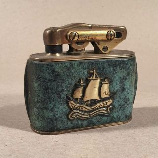 Vintage Kw Karl Wieden 650/g Ship Motif Table Lighter,  Brass W/ Green Faux Oxide
