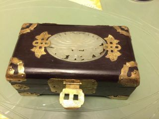 Vintage Shanghai Chinese Jewelry Box With Jade Carving & Ornate Brass Decoration