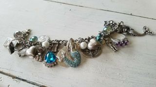 Vintage Antique Mermaid Charm Bracelet Sterling Silver.  925 Old Rings