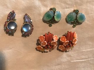 Vintage Set Of Three Rhinestone And Lucite Clipon Earrings.  Orange,  Green,  & Blue