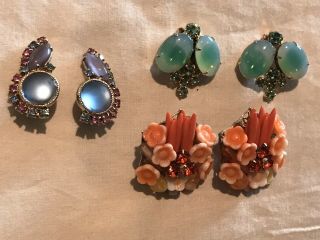 Vintage Set Of Three Rhinestone And Lucite Clipon Earrings.  Orange,  green,  & Blue 2