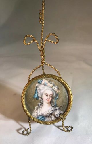 Antique Portrait Miniature French On Delicate Vintage Brass Wire Stand Signed