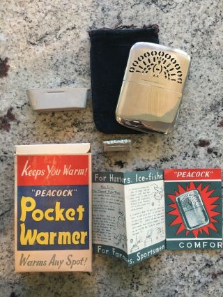 Vintage Peacock Pocket Hand Warmer | With Box/papers And Xtra Wick
