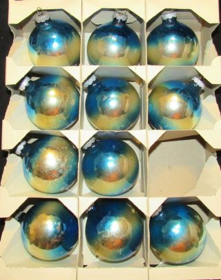 Vtg 11 Mercury Glass Shiny Brite Blue Silver Christmas Ornaments Box