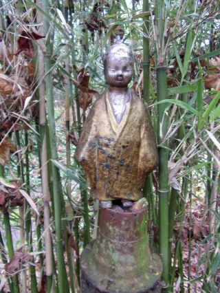 Japanese Child Antique Shabby & Worn Bonsai Garden Statue Metal 10 1/2 " Tall Old