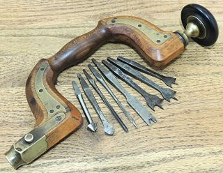 Brown & Co.  Sheffield Brass Plated Bit Brace & Bits - Antique Hand Tool - Drill